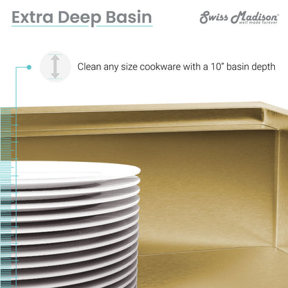 32-inch undermount kitchen sink in polished gold, extra deep 10-inch basin, 18-gauge stainless steel.