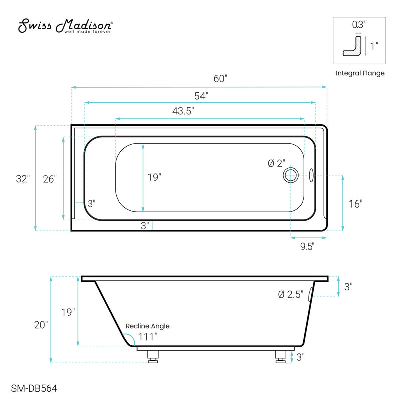 Voltaire 60" x 32" Right-Hand Drain Alcove Bathtub