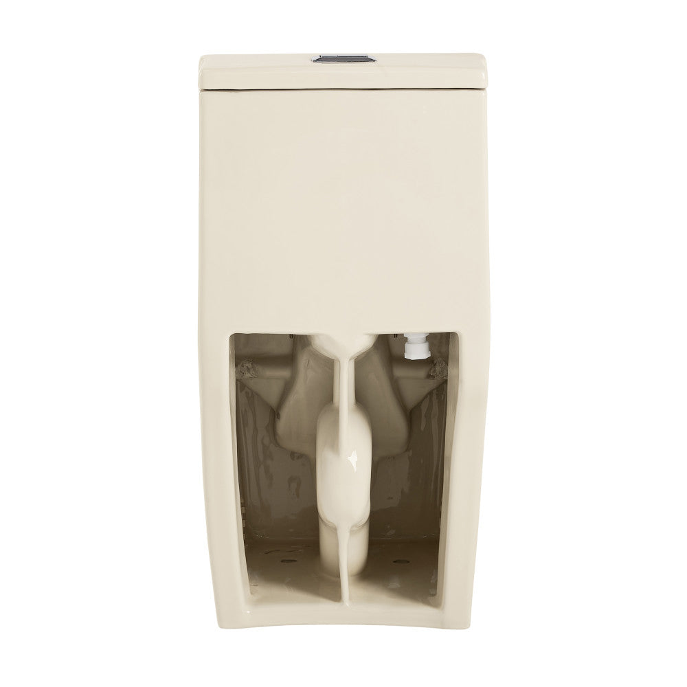 One-piece square toilet in bisque with dual flush and compact design.