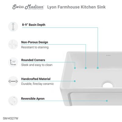 Lyon 30 x 18 Fireclay, Single Basin, Farmhouse Kitchen Sink in White