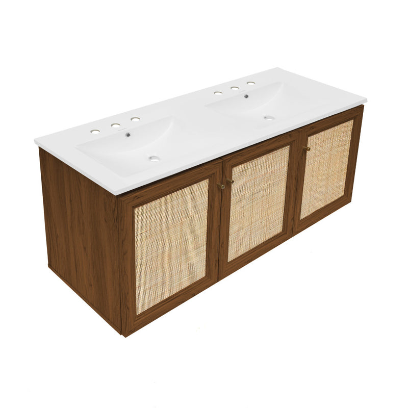 Classe 48" Wall-Mounted Bathroom Vanity in Brown Oak with 3-Hole Widespread Double Basin Sink Top