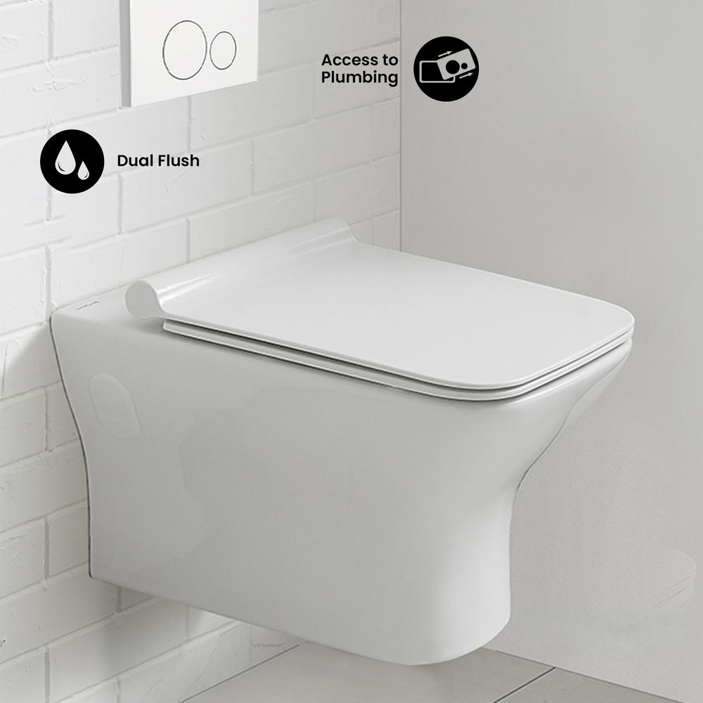 Carre Wall-Hung Toilet Bundle 0.8/1.6 GPF Dual Flush in Glossy White with White Flush Plate