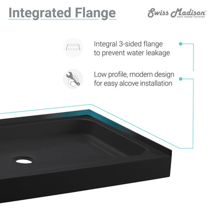 60-inch acrylic black shower base with single-threshold and left-hand drain, modern low-profile design.