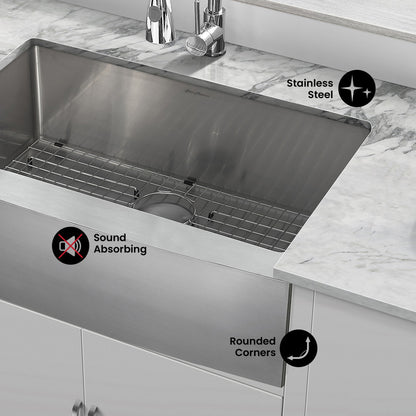 Tourner 30 x 21 Stainless Steel, Single Basin, Farmhouse Kitchen Sink with Apron