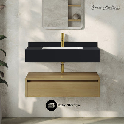 Avancer 36" Wall-Mounted Bathroom Vanity in Natural Oak with Black Marble Sink Top