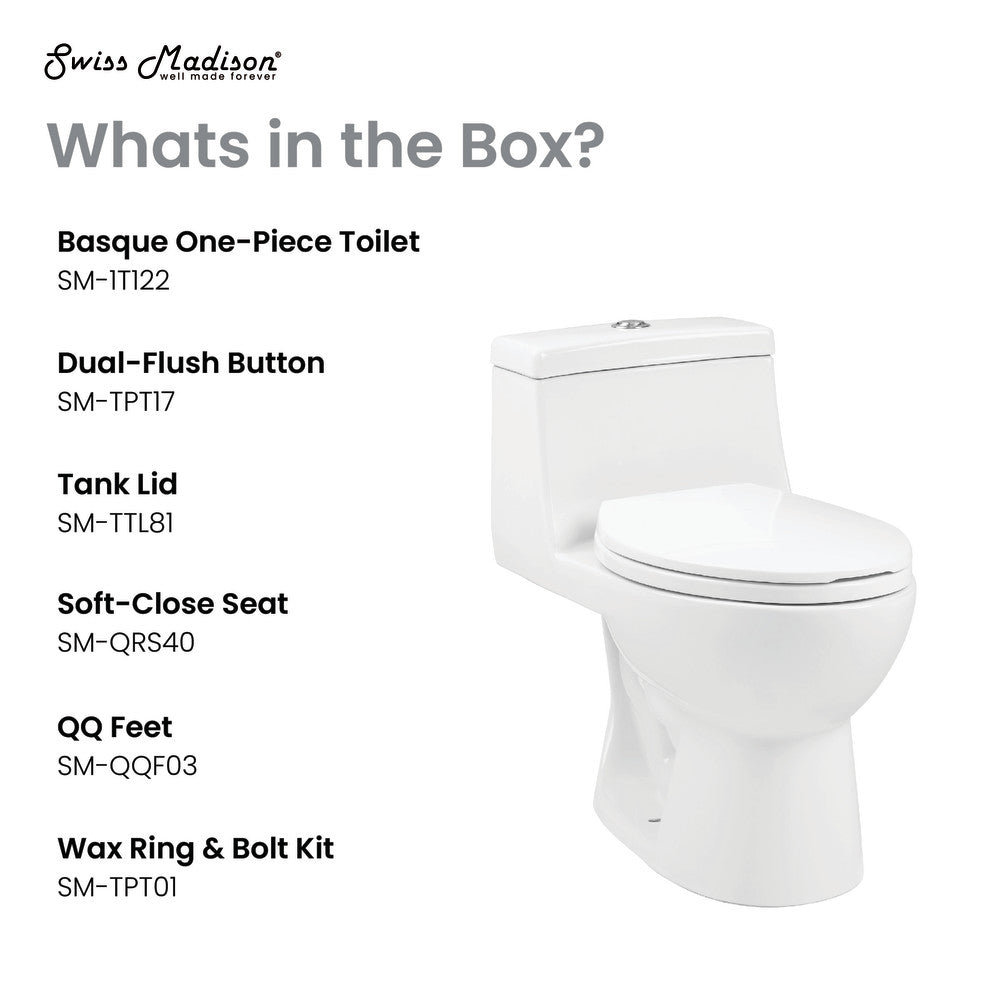 Elongated one-piece toilet with dual flush and soft-close seat in white porcelain.