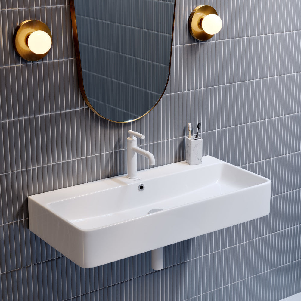 36" rectangular wall-mount bathroom sink in white ceramic with single faucet hole and integrated overflow drain.