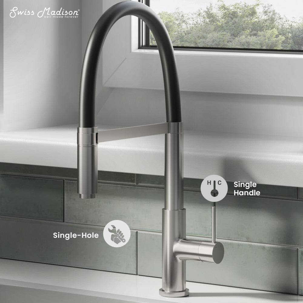 Pull-down kitchen faucet in brushed nickel, single handle, high arc spout.