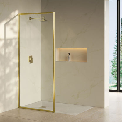 Pierre 34 x 76 Framed Fixed 3/8 in. (10mm) Clear Tempered Glass Shower Door with Brushed Gold Frame