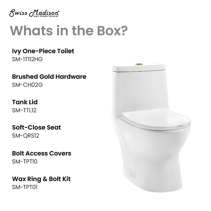 Ivy One Piece Toilet Dual Vortex™ Flush, Brushed Gold Hardware 1.1/1.6 gpf