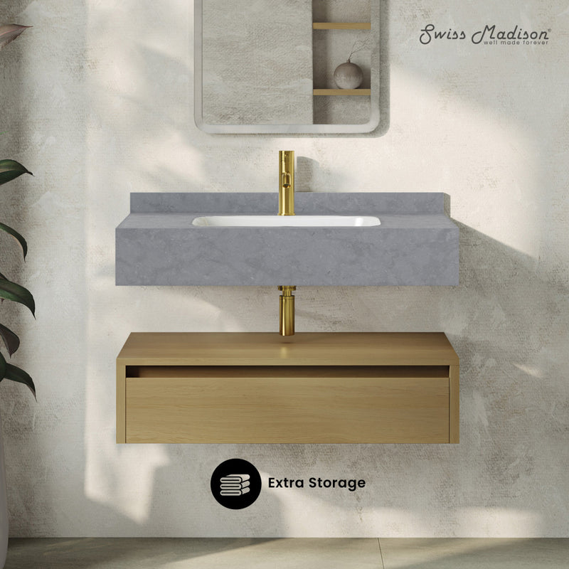 Avancer 36" Wall-Mounted Bathroom Vanity in Natural Oak with Charcoal Grey Sink Top