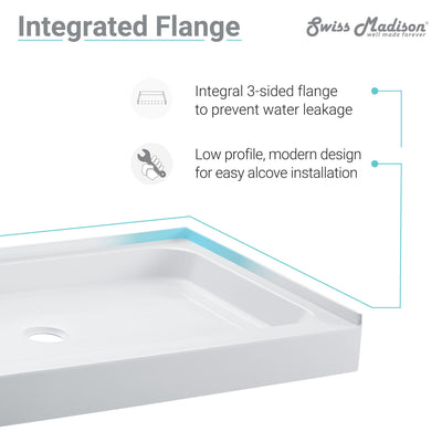 Voltaire 60" x 30" Acrylic White, Single-Threshold, Center Drain, Shower Base