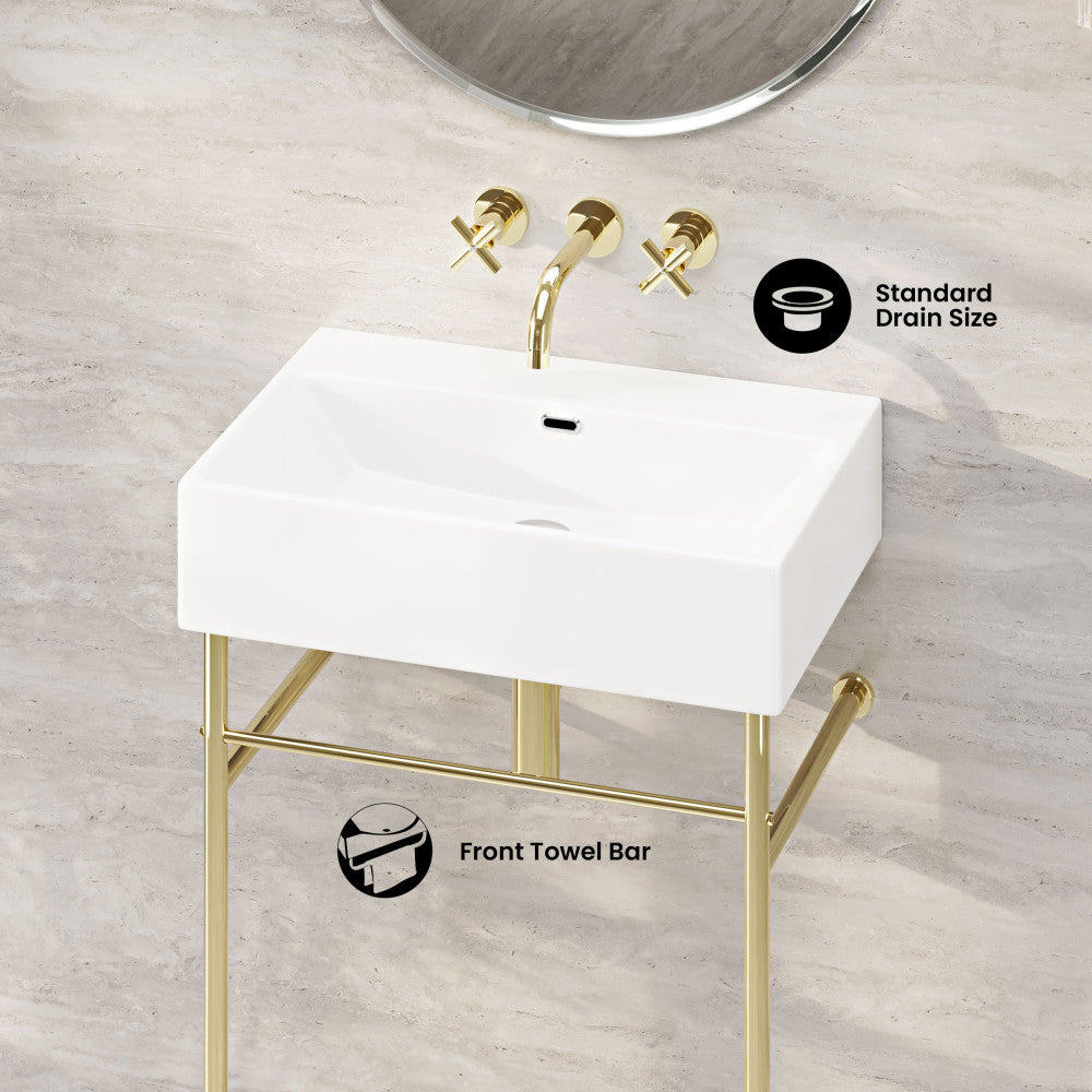Claire 24" Rectangle Zero Hole Console Sink with Glossy Gold Legs