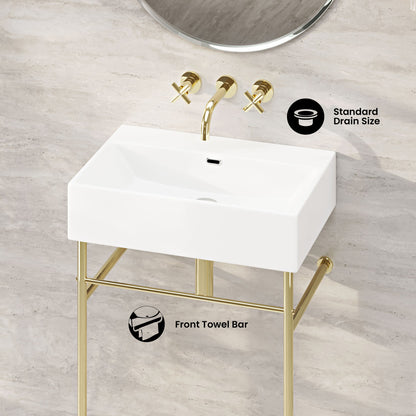 Claire 24" Rectangle Zero Hole Console Sink with Glossy Gold Legs