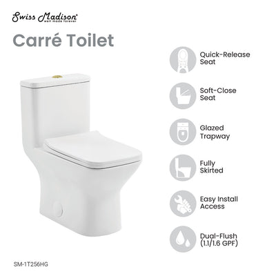 Carre One Piece Square Toilet Dual Flush, Brushed Gold Hardware 1.1/1.6 gpf