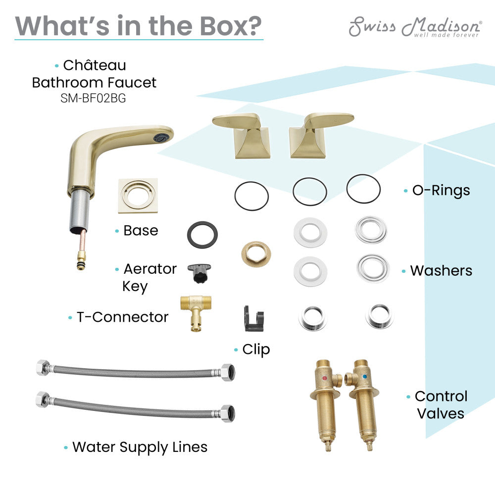 Widespread bathroom faucet in brushed gold, 8-inch, two handles, modern angular design.