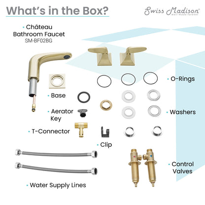 Widespread bathroom faucet in brushed gold, 8-inch, two handles, modern angular design.