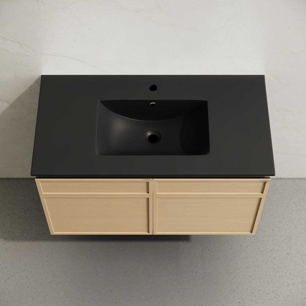 St. Tropez 36" Wall-Mounted Bathroom Vanity in Natural Oak with Black Sink Top