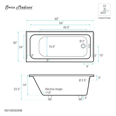 Voltaire 60" x 30" Right-Hand Drain Alcove Bathtub in Matte Black