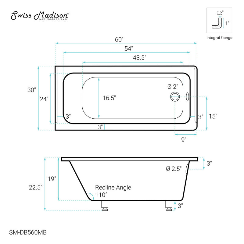 Voltaire 60" x 30" Right-Hand Drain Alcove Bathtub in Matte Black