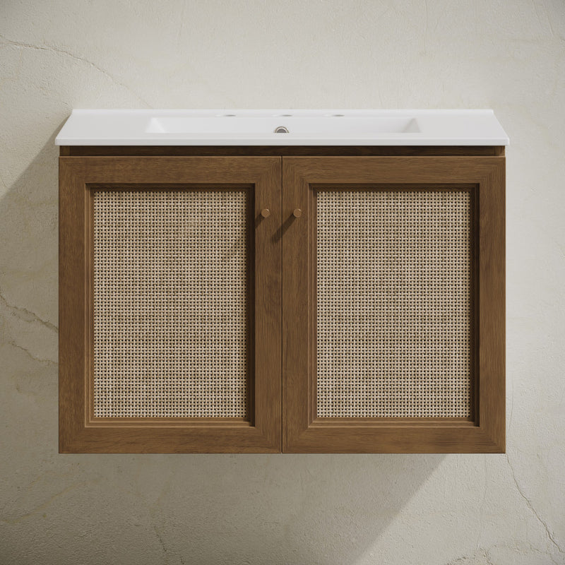 Classe 30" Wall-Mounted Bathroom Vanity in Brown Oak with Widespread Faucet Holes Vanity Top