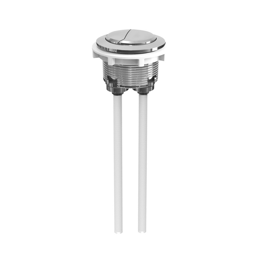 Round toilet flush button in chrome finish, dual button design for water control.