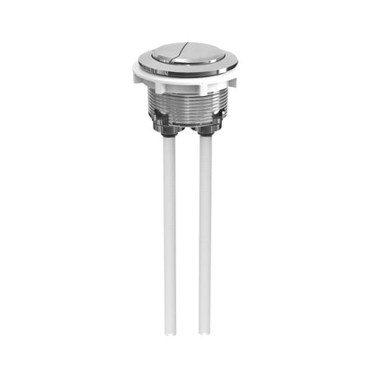 Round toilet flush button in chrome finish, dual button design for water control.