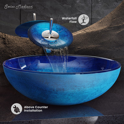 Cascade 16.5 Glass Vessel Sink with Faucet, Ocean Blue