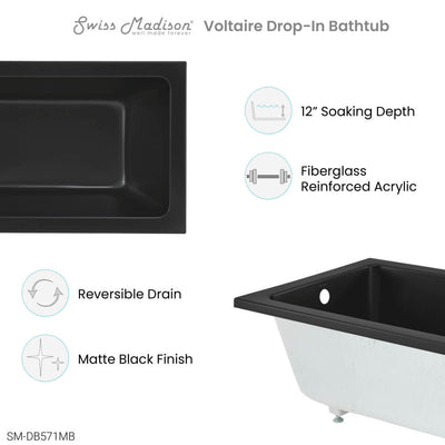 Voltaire 48" x 32" Reversible Drain Drop-In Bathtub in Matte Black