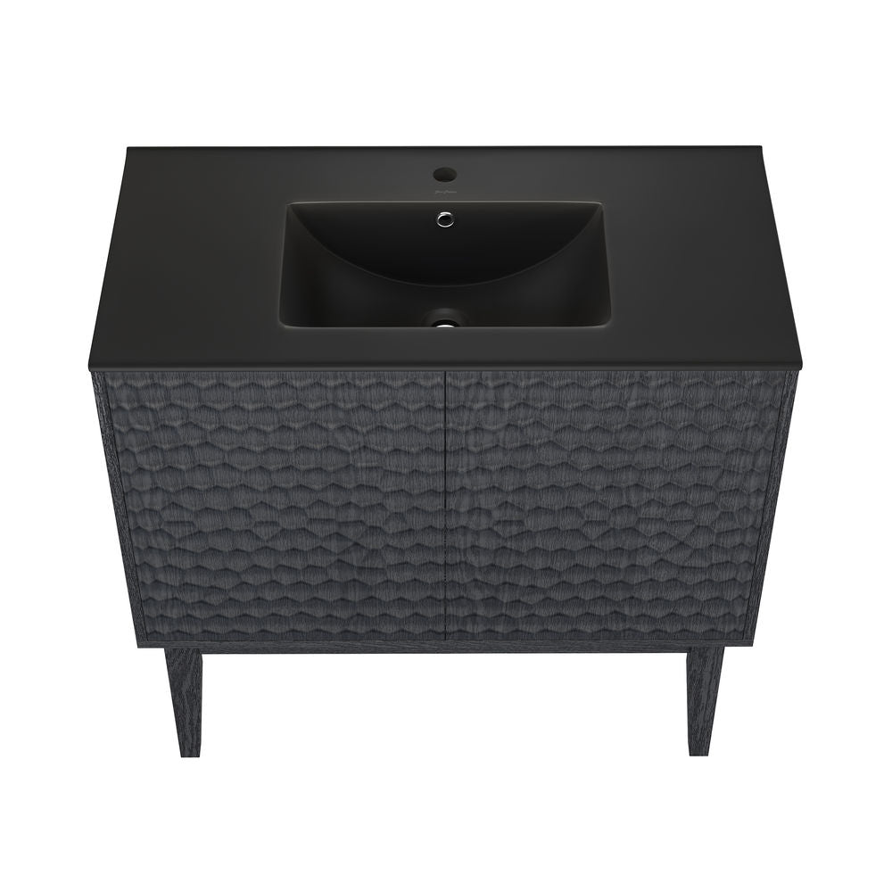 Bosse 36" Freestanding Bathroom Vanity in Black Oak with Black Sink Top