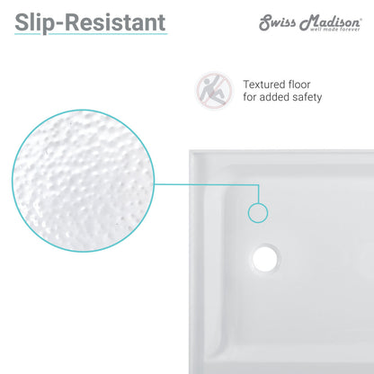 48" x 36" white acrylic shower base with single threshold and center drain, textured slip-resistant floor.