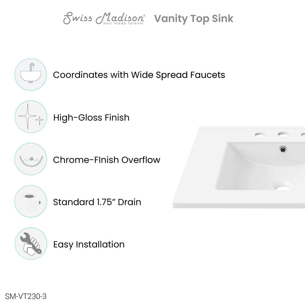 30" 3-Hole Widespread Vanity Sink Top in Glossy White