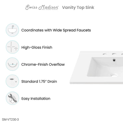 30" 3-Hole Widespread Vanity Sink Top in Glossy White