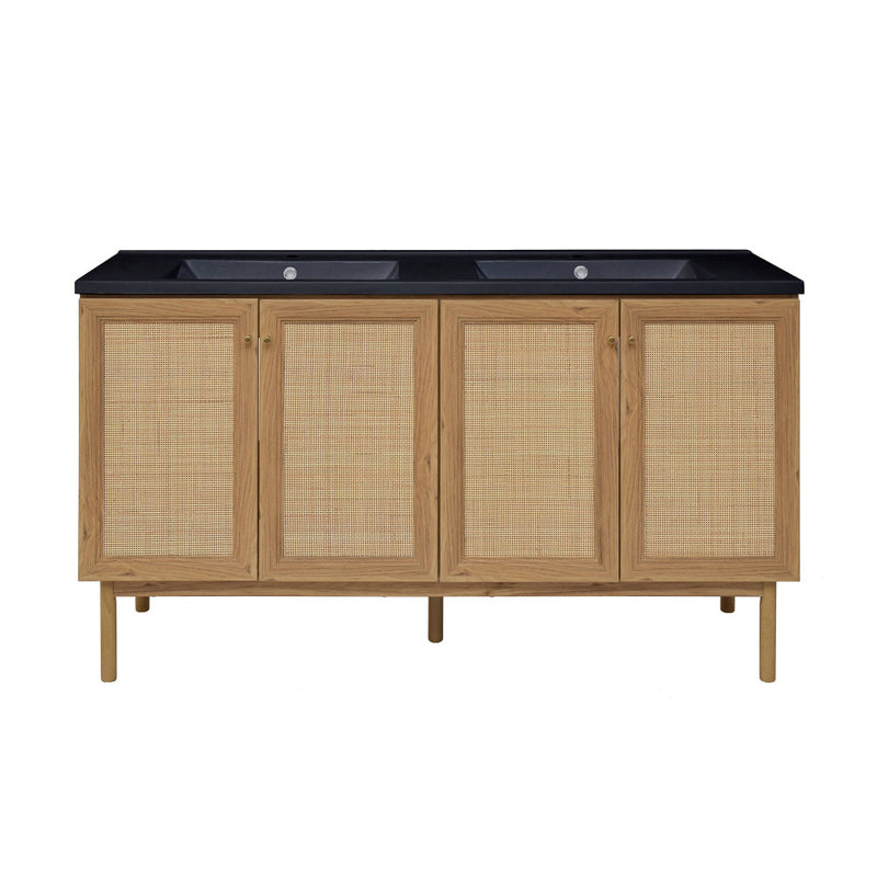 Classe 60 in. Brown Oak, Double Basin Bathroom Vanity With Black Artificial Stone Sink Top