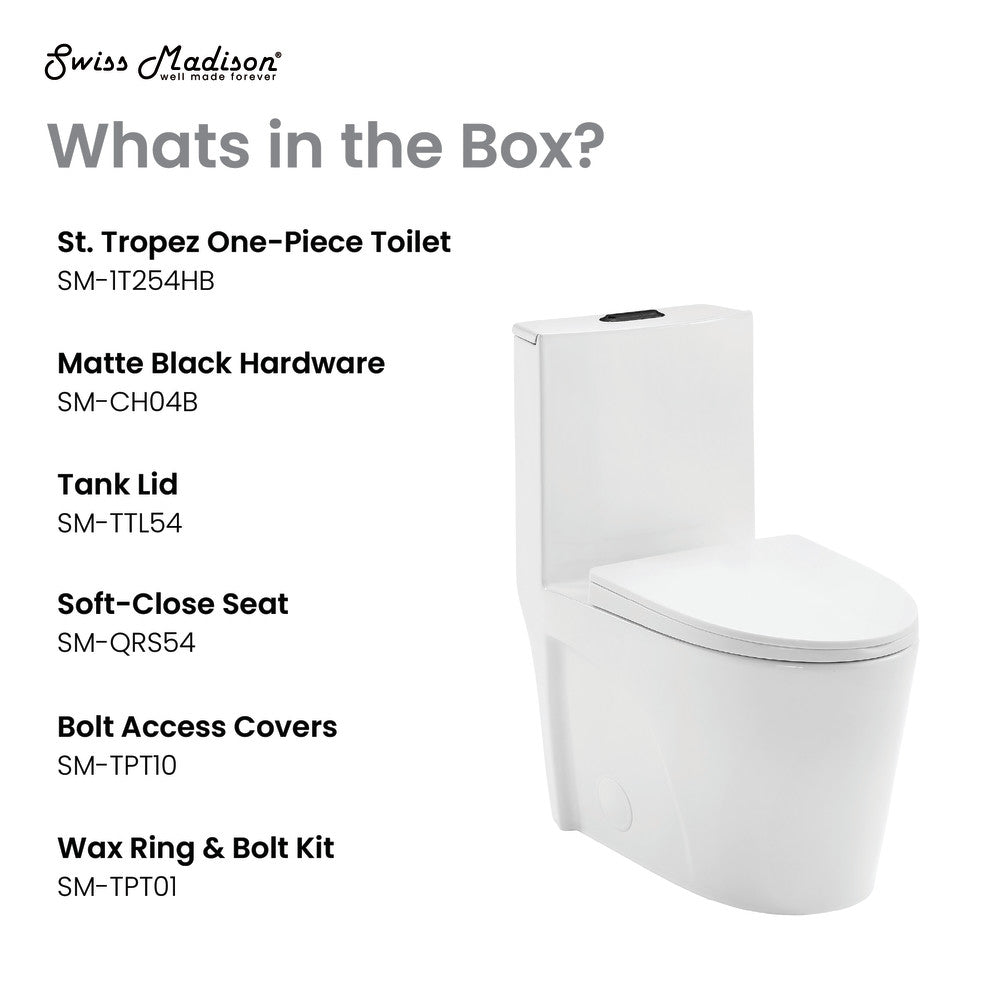 Elongated one-piece toilet with Dual Vortex flush and matte black hardware, soft-close seat.