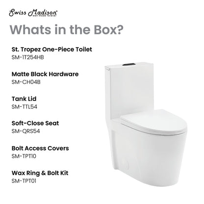Elongated one-piece toilet with Dual Vortex flush and matte black hardware, soft-close seat.