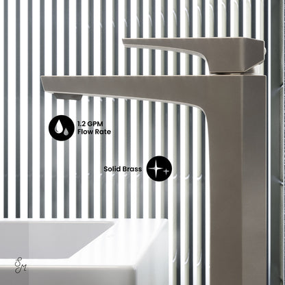 Single-handle high arc bathroom faucet in brushed nickel, Voltaire collection, solid brass construction.