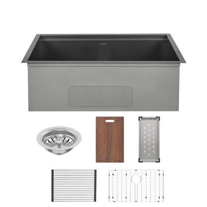 30 x 19-inch black stainless steel undermount single basin kitchen workstation sink with accessories.
