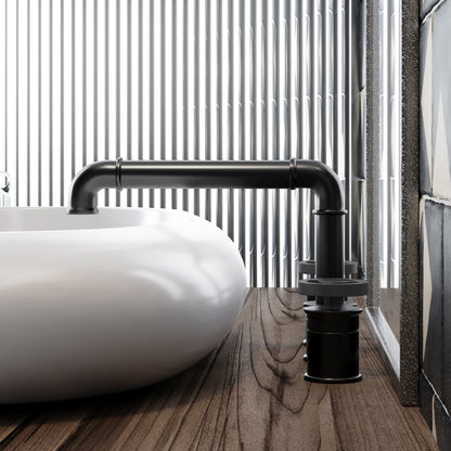 Widespread 2-handle bathroom faucet in matte black with wheel handles and curved spout.