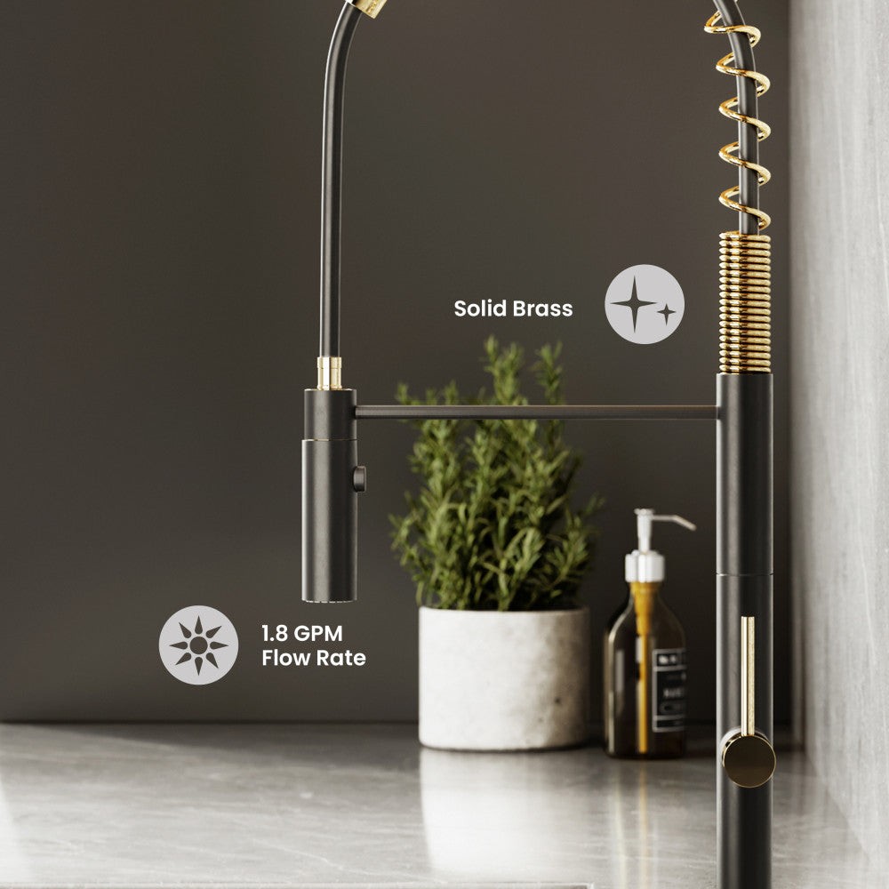 Chalet Single Handle, Pull-Down Kitchen Faucet in Brushed Gold and Black