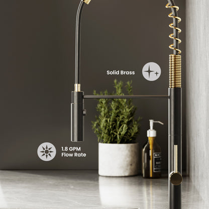 Chalet Single Handle, Pull-Down Kitchen Faucet in Brushed Gold and Black