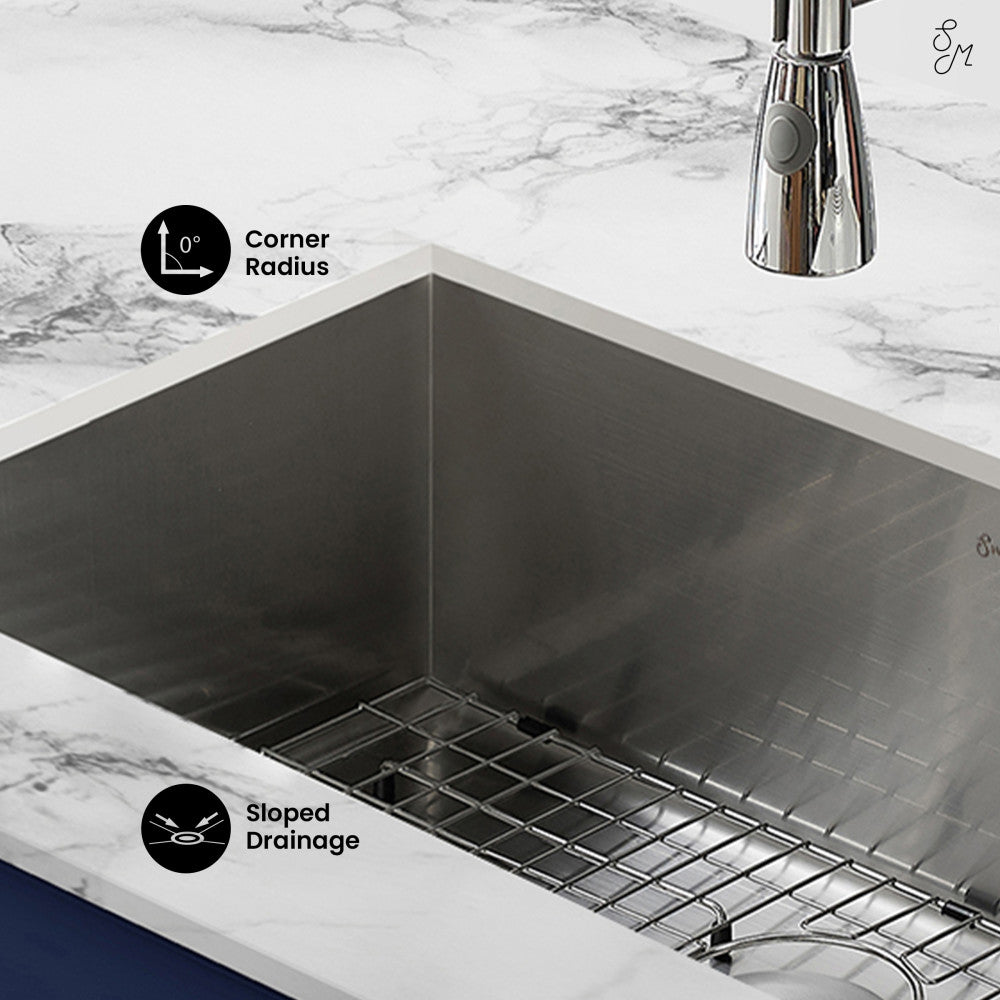 27x19 stainless steel undermount kitchen sink with single basin, corner radius, and sloped drainage.