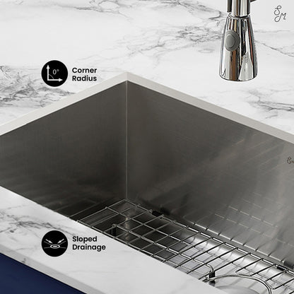 27x19 stainless steel undermount kitchen sink with single basin, corner radius, and sloped drainage.