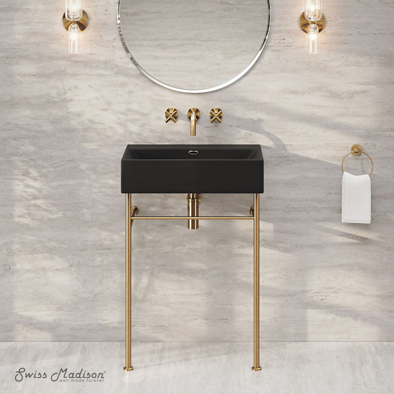 Claire 24" Rectangle Matte Black Zero Hole Console Sink with Brushed Gold Legs