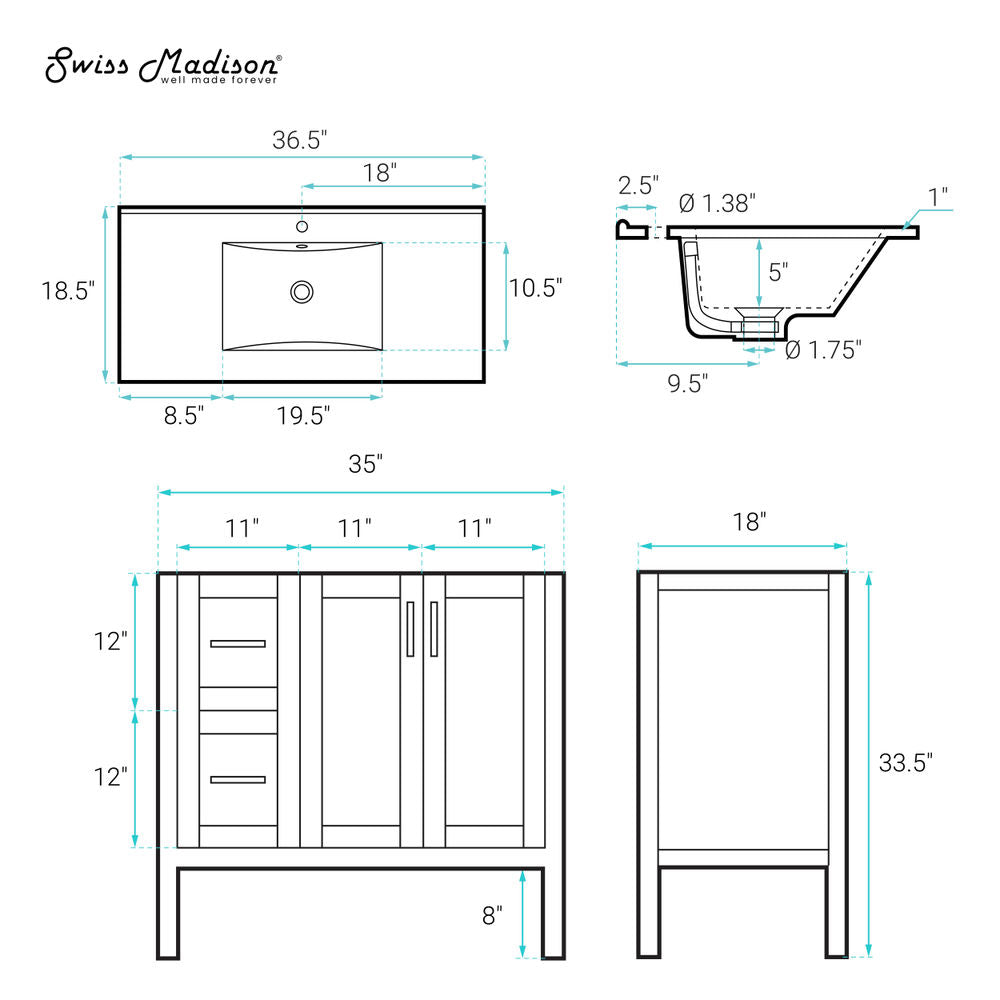 Forme 36" Modular Freestanding Bathroom Vanity with Sink Top in White