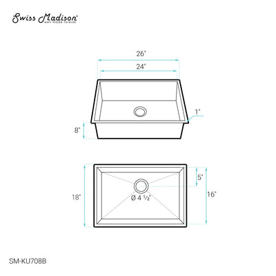 Tourner 26 x 18 Stainless Steel, Single Basin, Undermount Kitchen Sink, Black