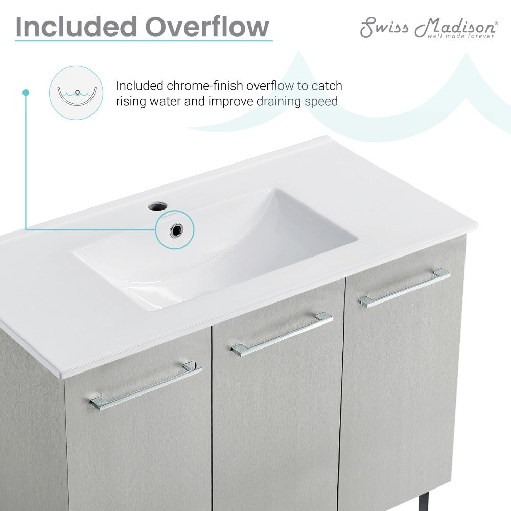 36-inch freestanding gray bathroom vanity with white sink top, soft-close doors, and chrome handles.