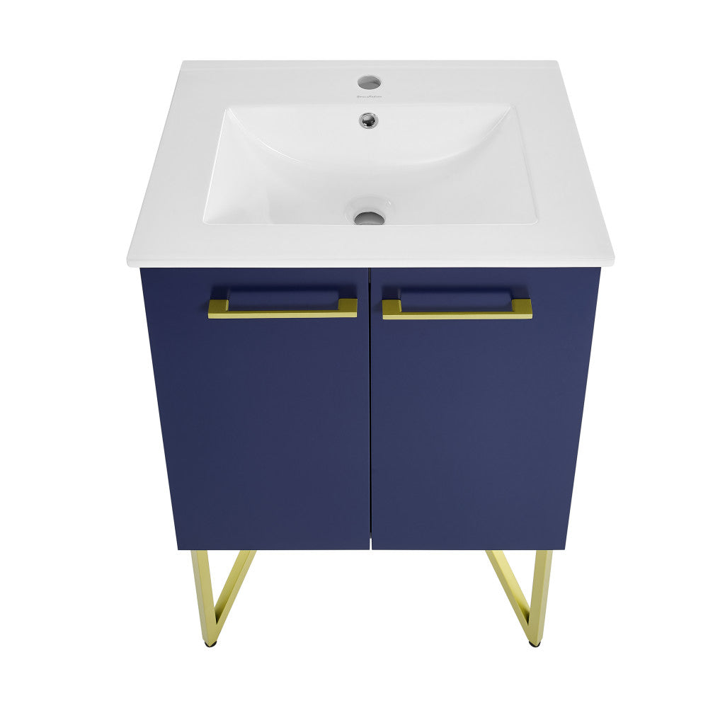 24-inch freestanding bathroom vanity in navy blue with sink top and gold-toned handles and legs.