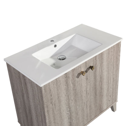 36-inch freestanding gray oak bathroom vanity with single sink and soft-close doors.