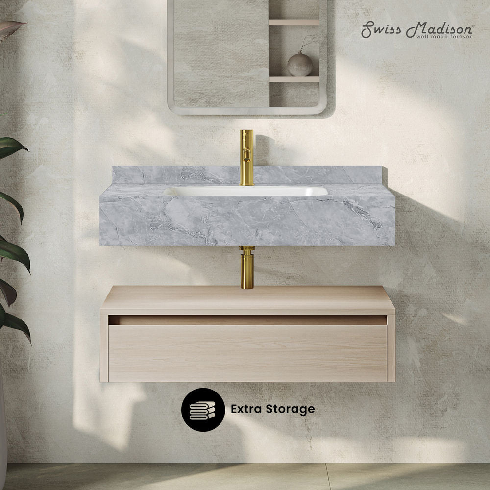 Avancer 36" Wall-Mounted Bathroom Vanity in White Oak with Storm Gray Sink Top
